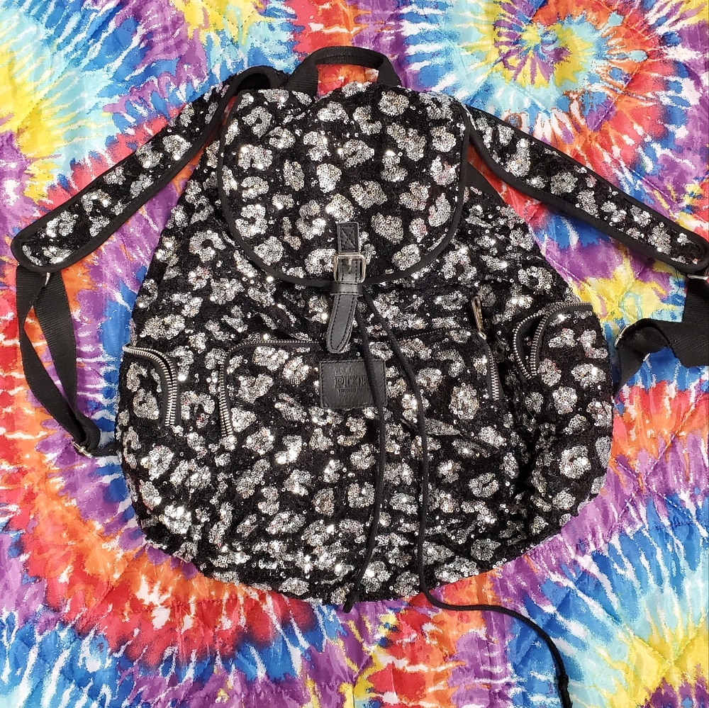 Victoria secret sequin leopard print black and silver backpack used